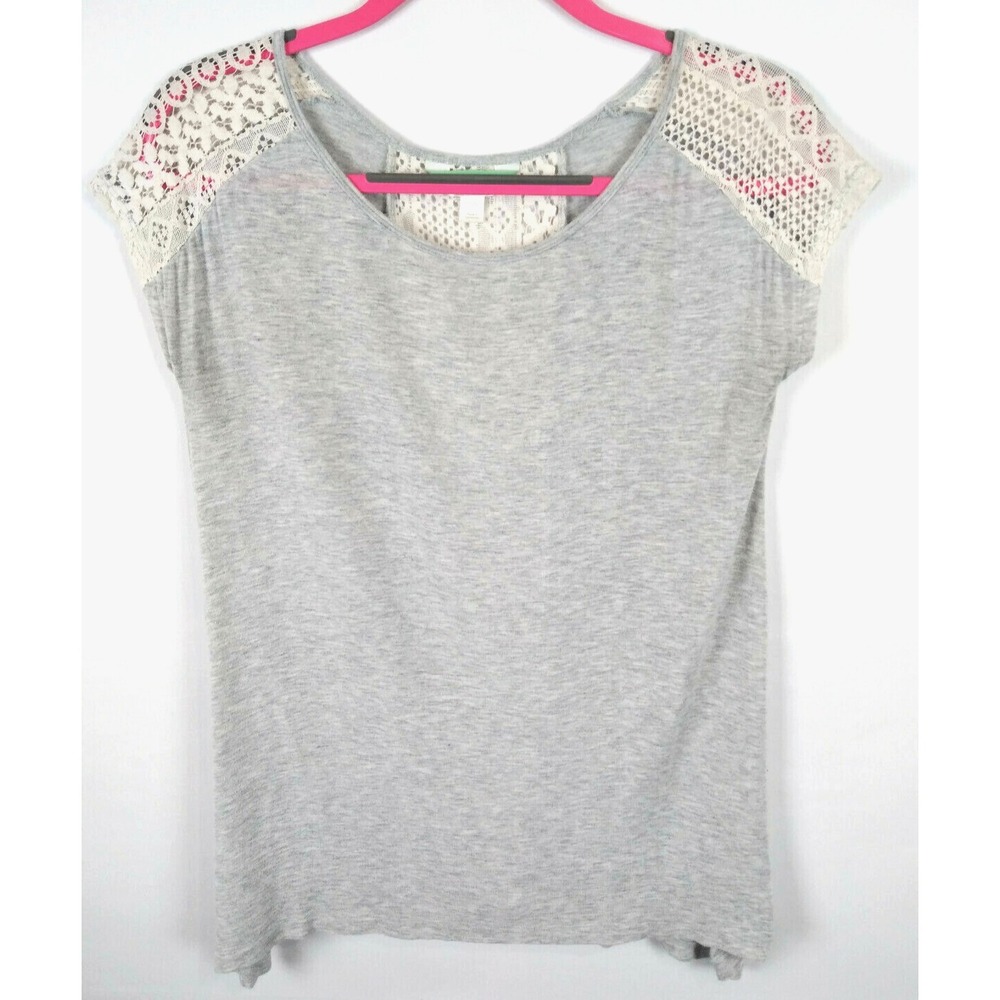 Decree Womens Tank Top Tee Shirt Size XS Casual Top Cap Sleeve Gray Ivory Lace